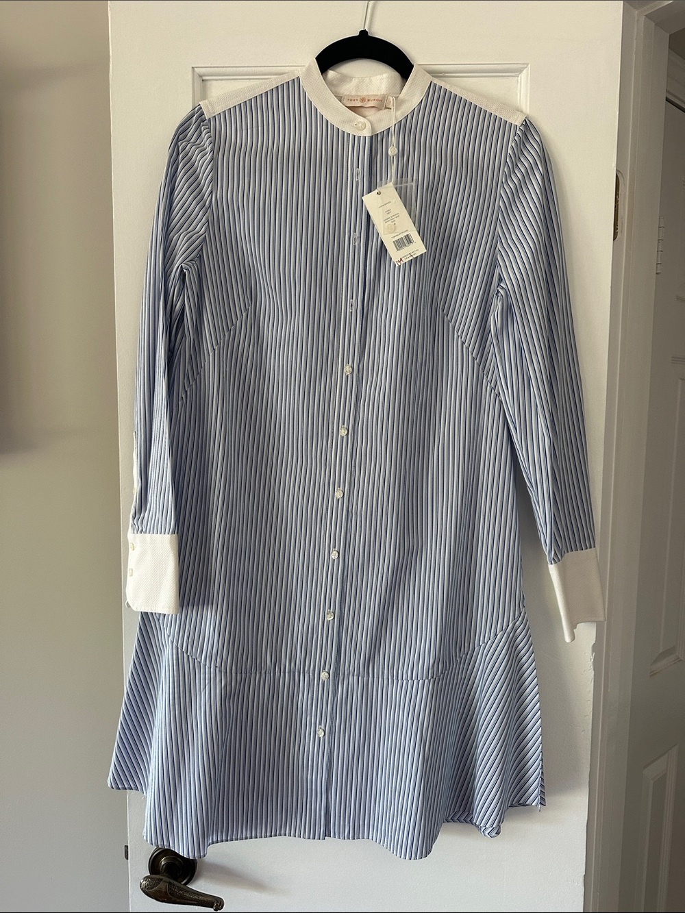 Tory Burch Blue and White Striped Long-Sleeve Shirt Dress with Contrast Collar